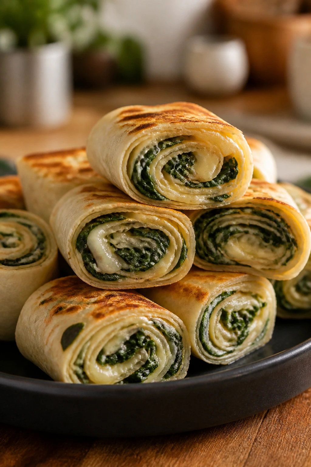 Close-up of spinach and cheese quesadilla roll-ups sliced into coins on a plate