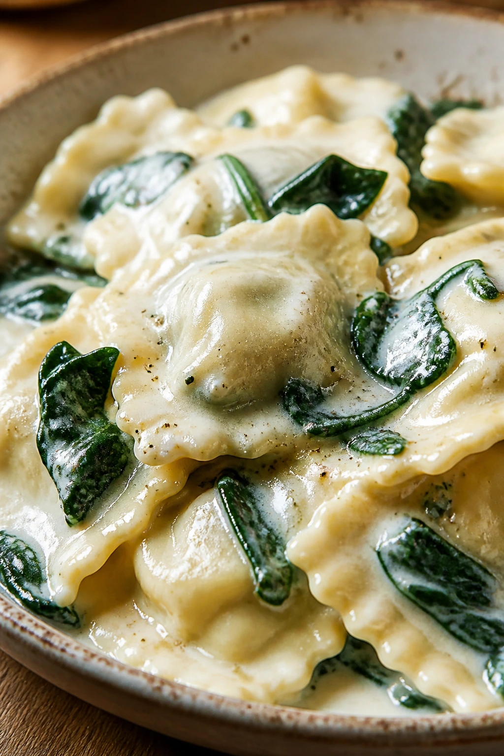 Close-up of spinach Alfredo ravioli in creamy sauce on a rustic table