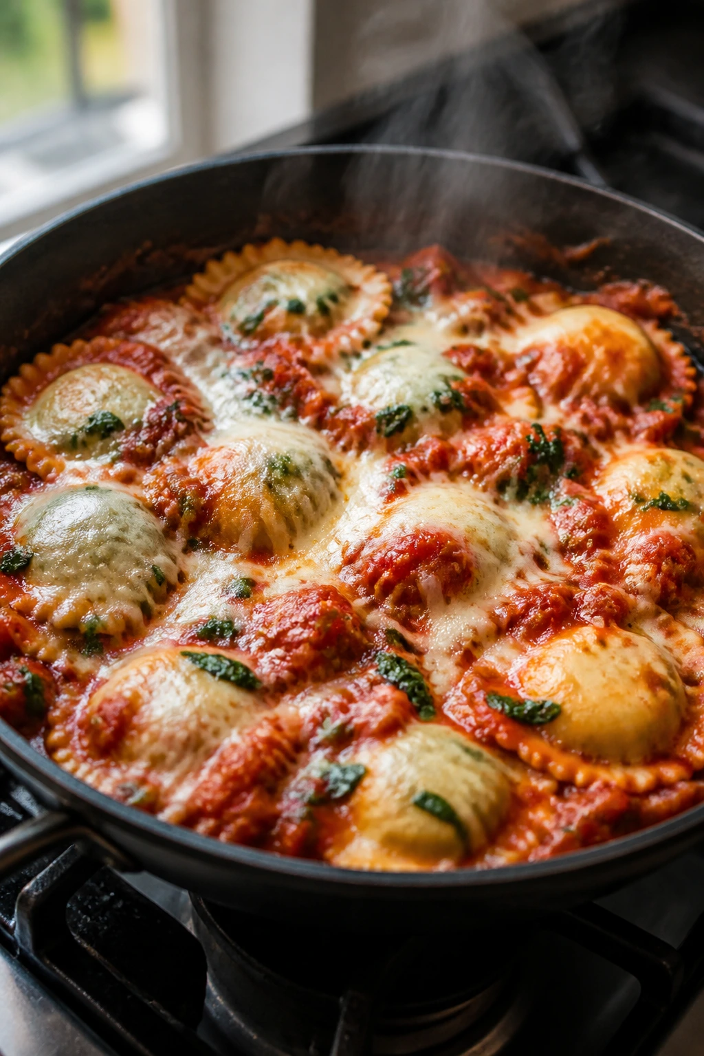 Close-up Spinach Ravioli Skillet with melted mozzarella