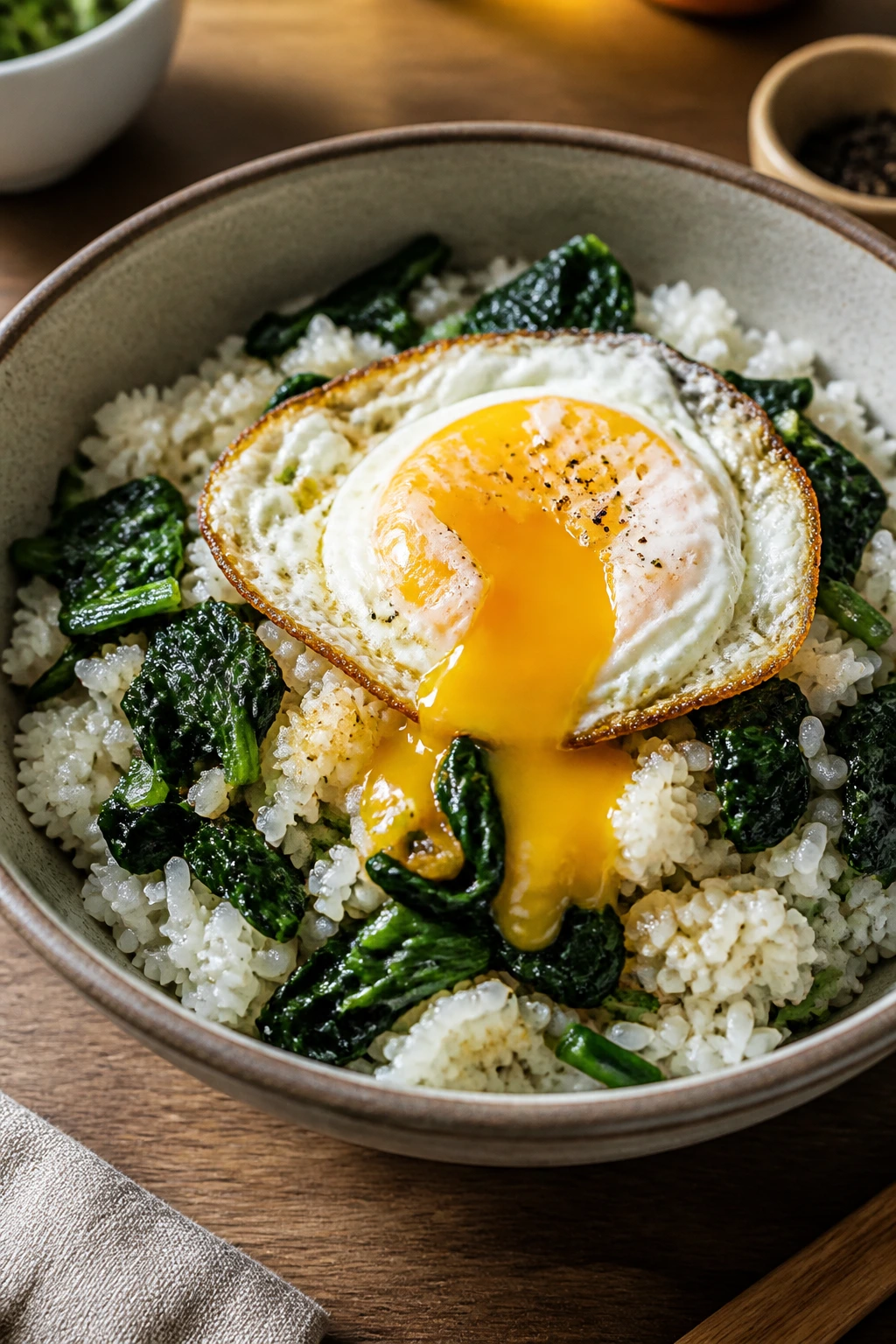 Bowl of spinach, egg, and rice in a cozy kitchen