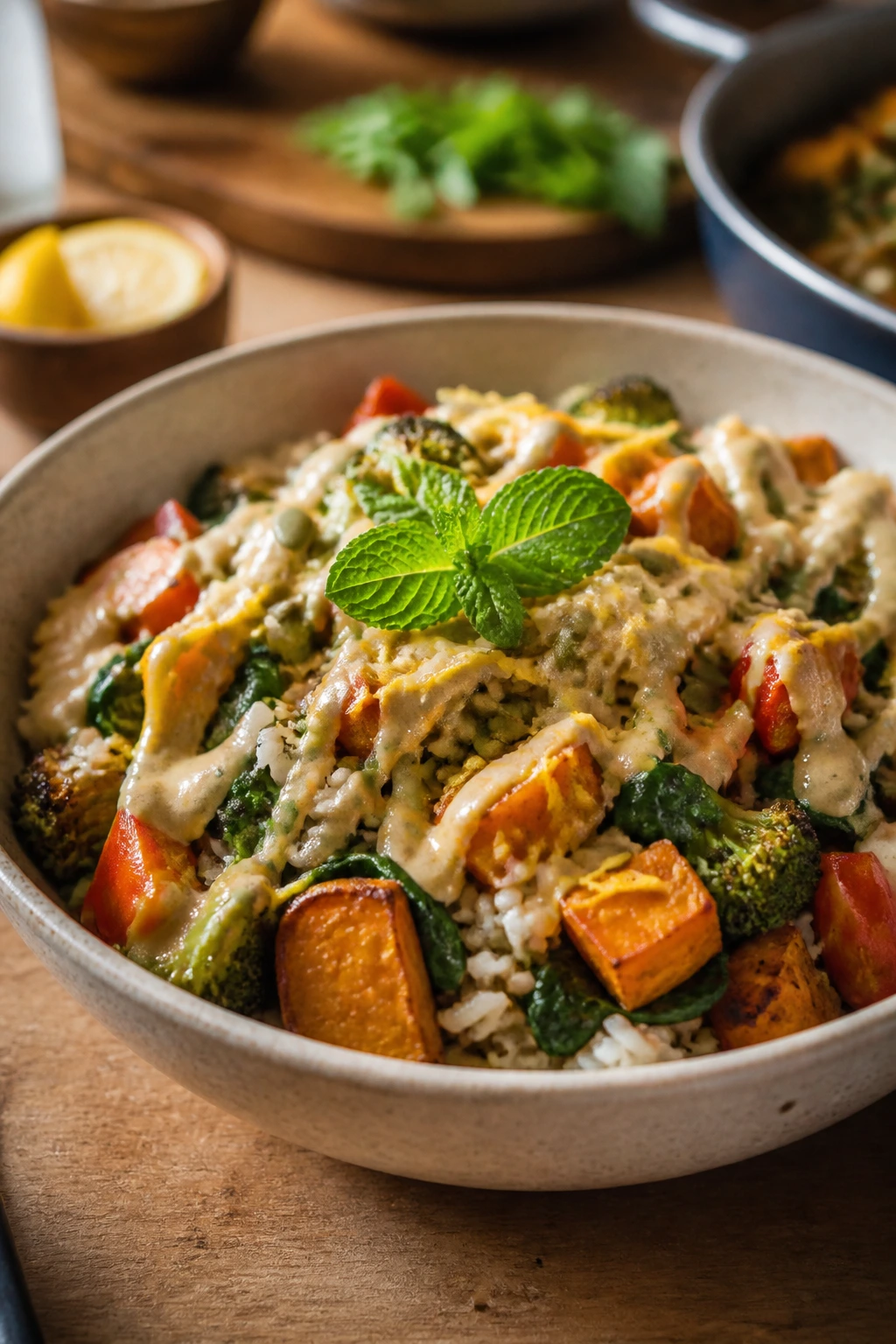 Roasted vegetable rice with spinach folded in and lemon-mint finish