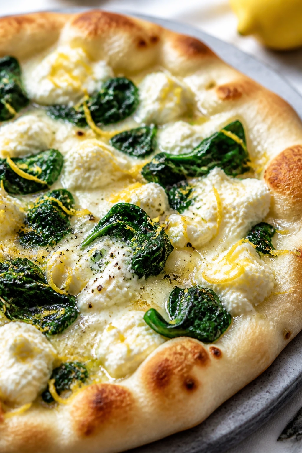 Close-up of spinach ricotta breakfast pizza with lemon zest