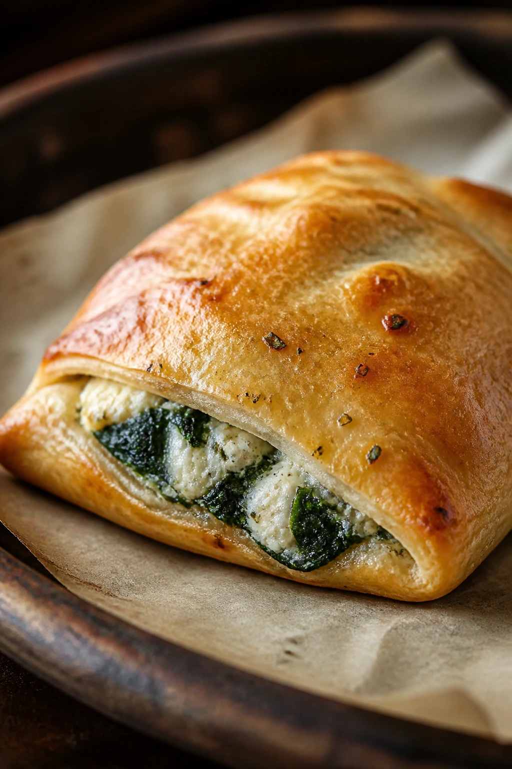Close-up of a spinach-ricotta mini calzone on parchment