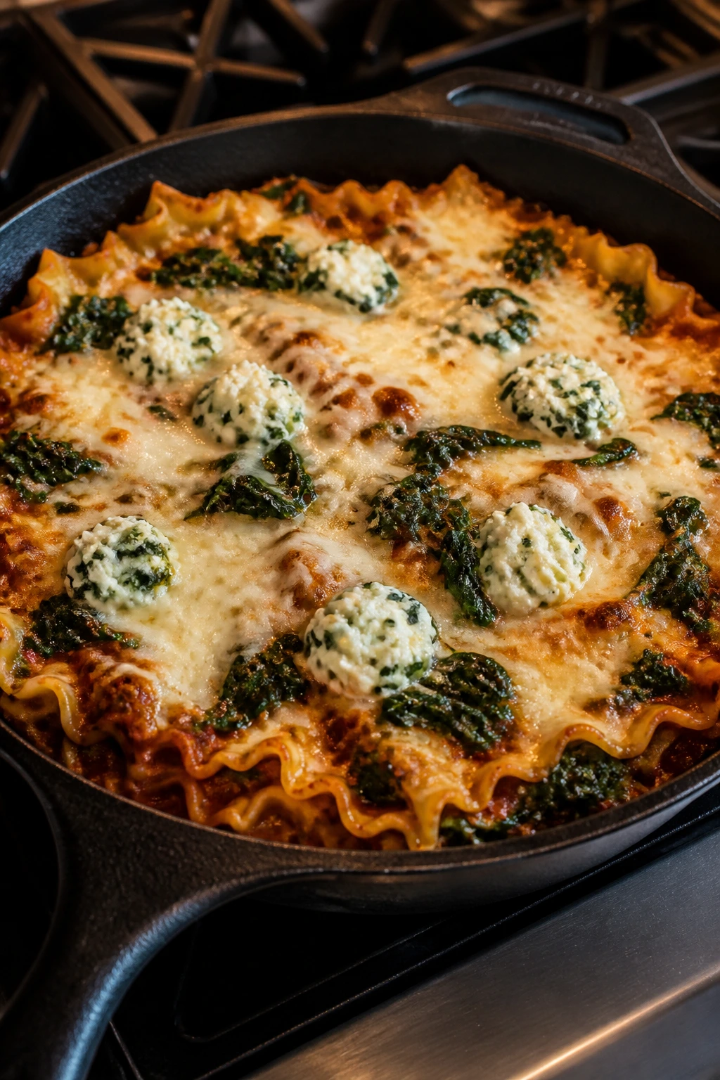 Lasagna skillet with spinach and ricotta and melted mozzarella