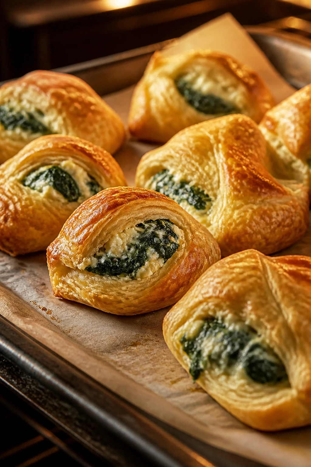 Close-up of puff pastry puffs filled with spinach and ricotta