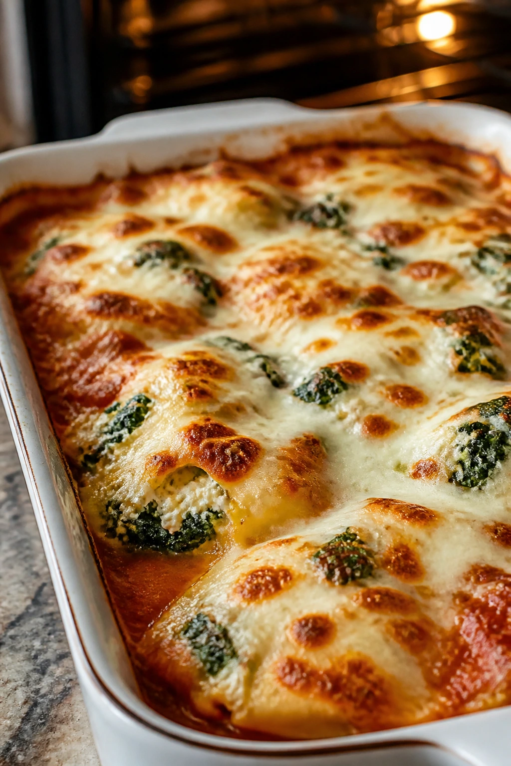Ravioli bake with spinach and cheese bubbling in baking dish