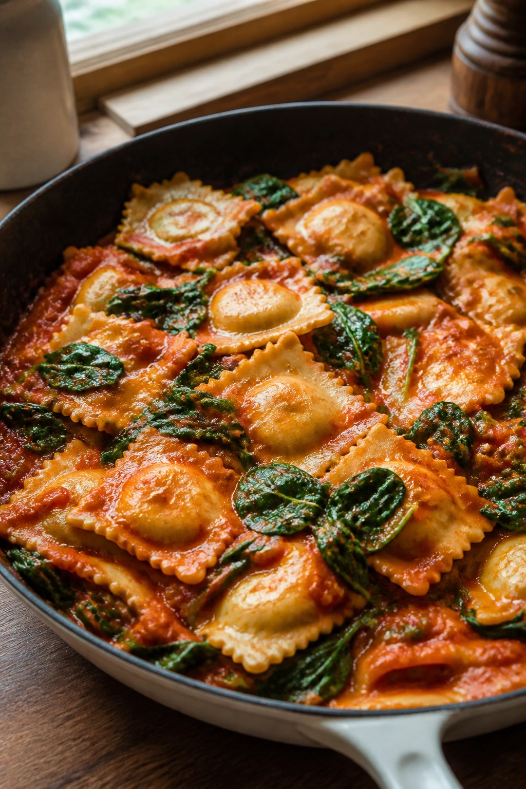 Close-up of ravioli with spinach in a skillet on a warm kitchen counter