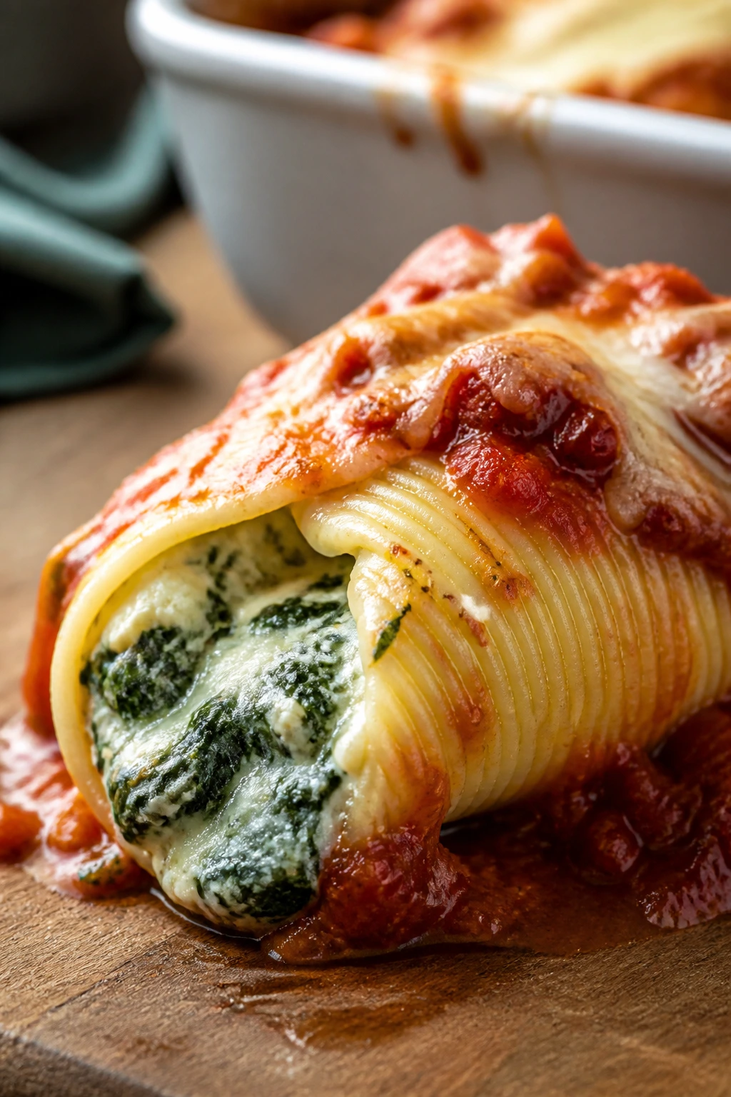 Close-up of a spinach and ricotta stuffed shell on a wooden board