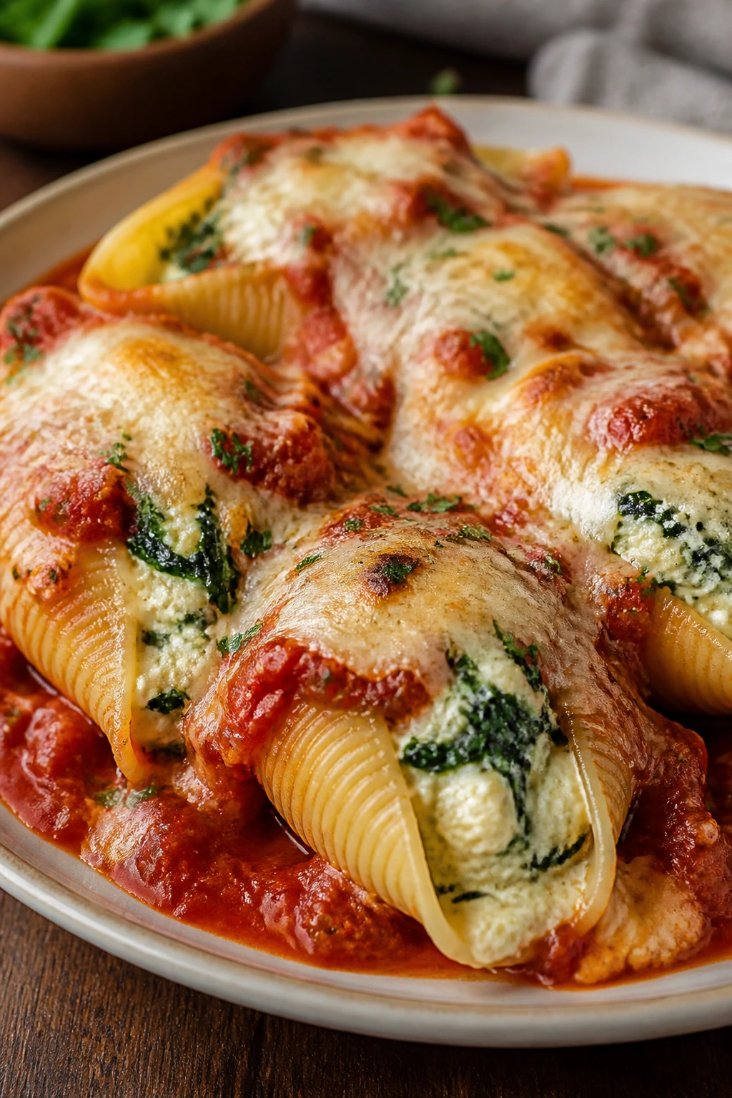 Close-up plate of spinach and ricotta stuffed shells