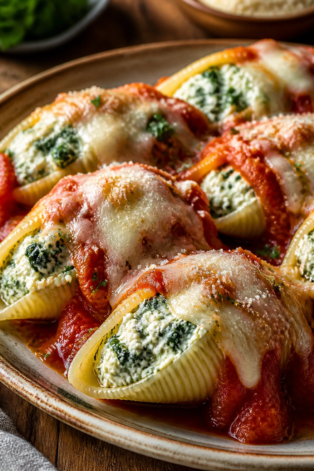 Close-up of spinach ricotta stuffed shells on a plate