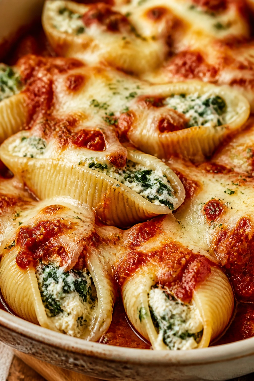 Close-up of spinach ricotta stuffed shells in marinara with melted mozzarella