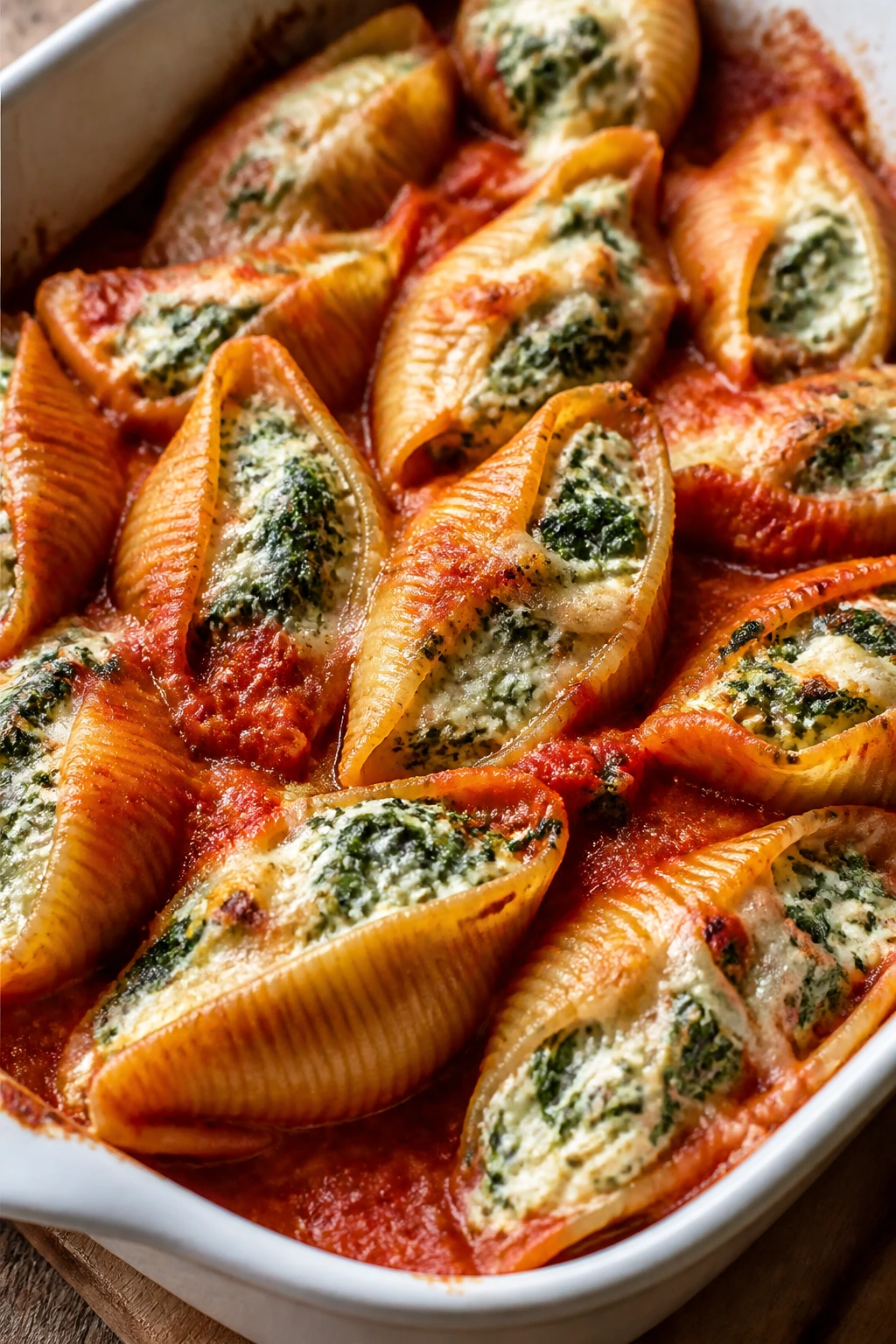 Close-up of spinach ricotta stuffed shells on a rustic table