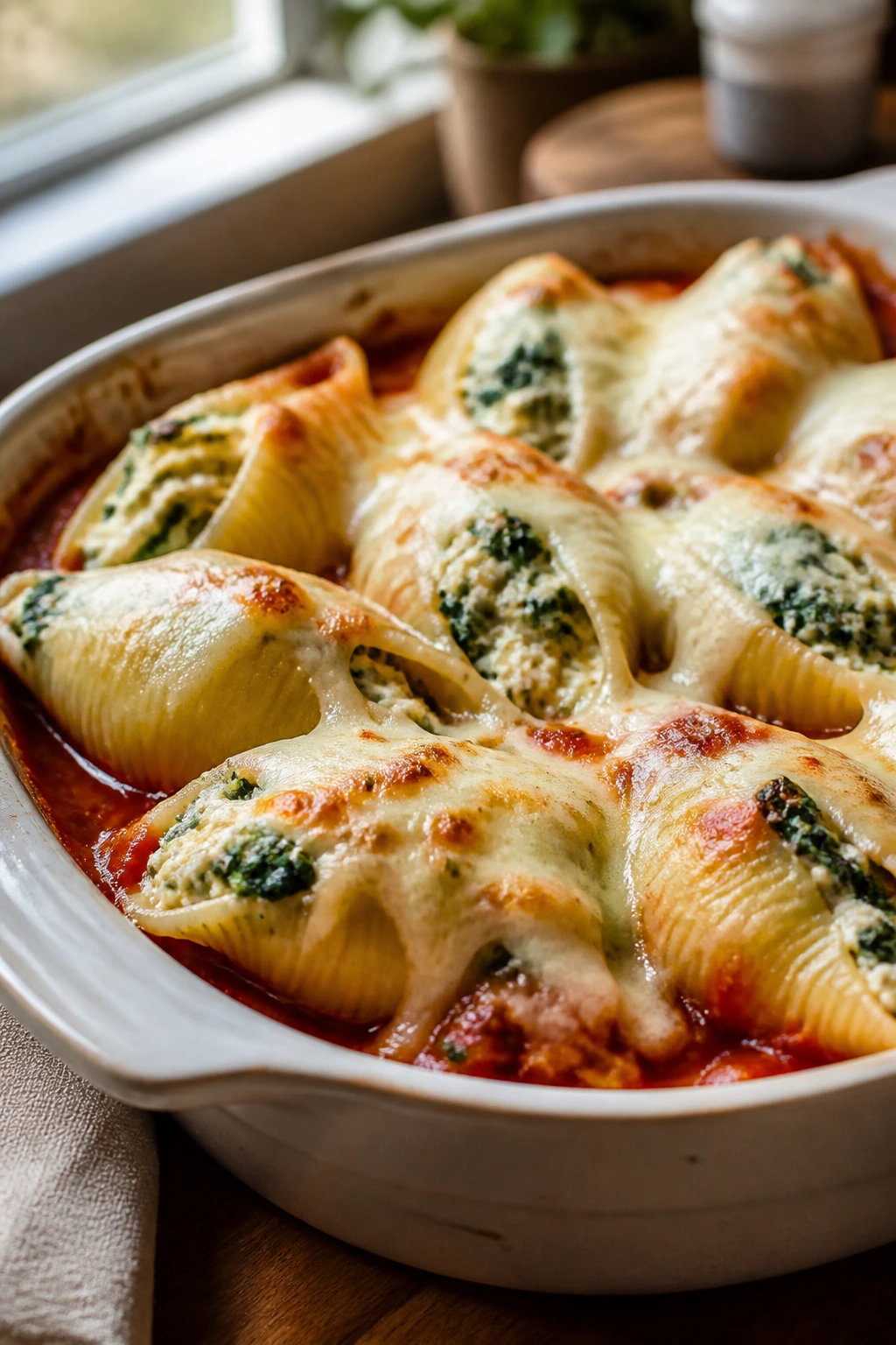 Close-up of spinach ricotta stuffed shells in marinara sauce on a rustic baking dish in a warm kitchen