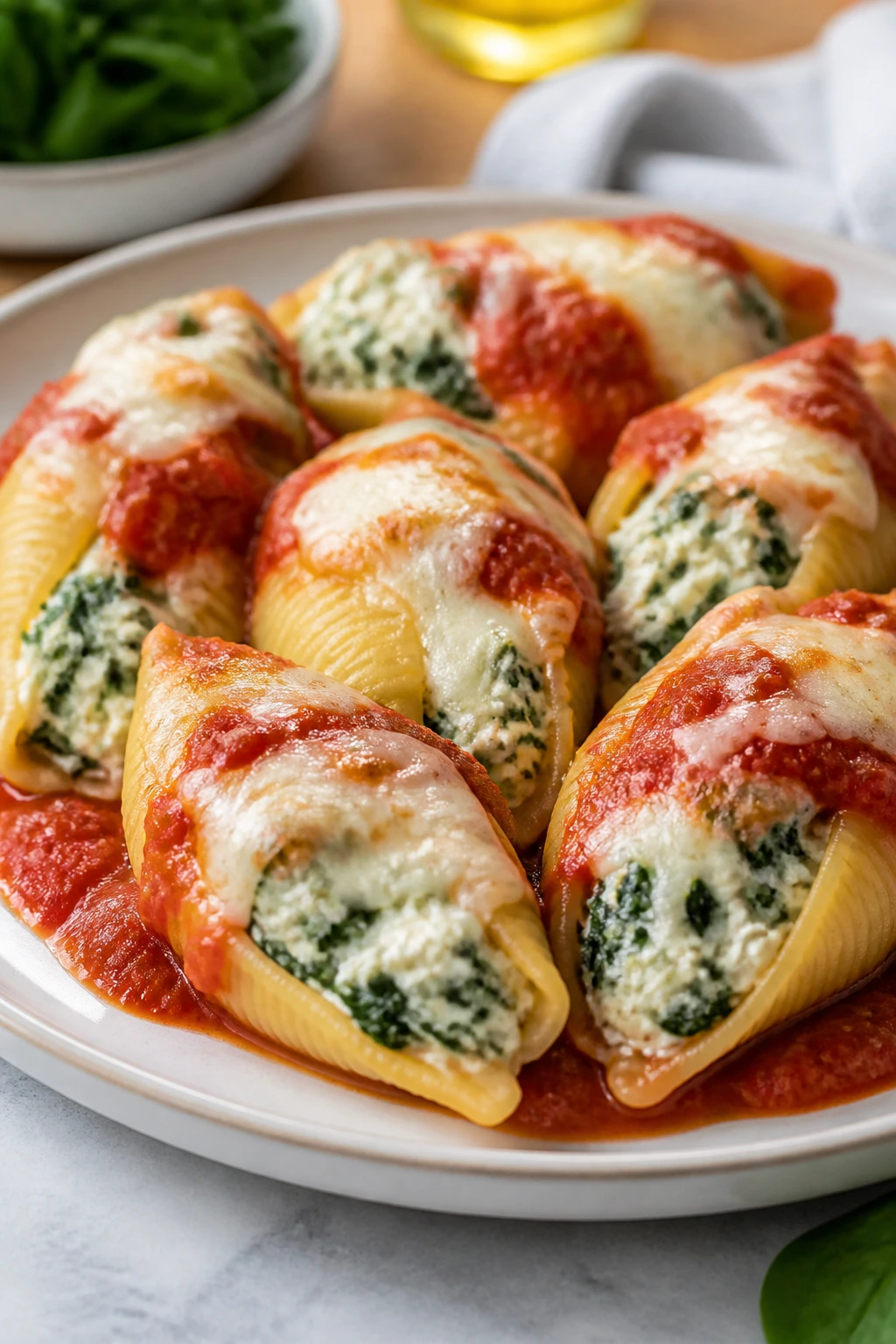 Close-up of Spinach Ricotta Stuffed Shells on a plate in a cozy kitchen