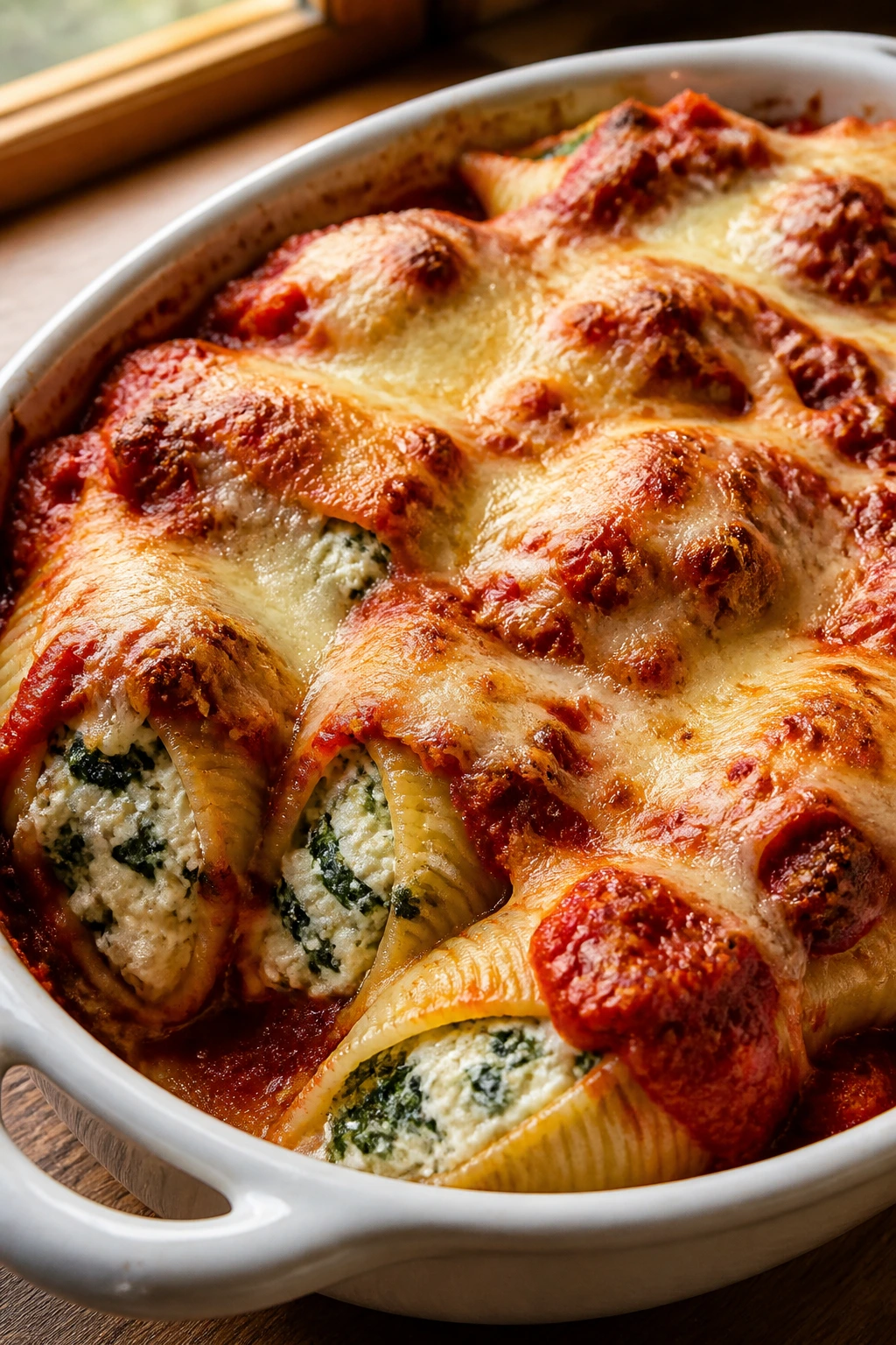 Close-up of spinach ricotta stuffed shells in a baking dish with marinara and cheese
