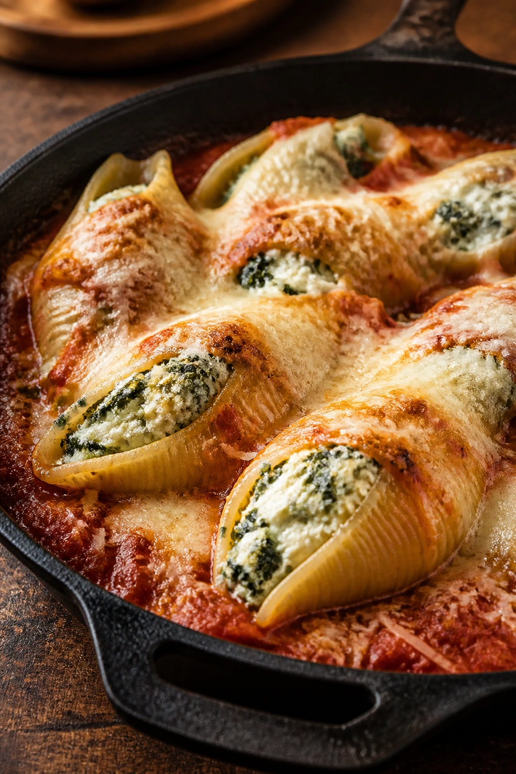 Stuffed spinach ricotta shells in marinara with melted cheese