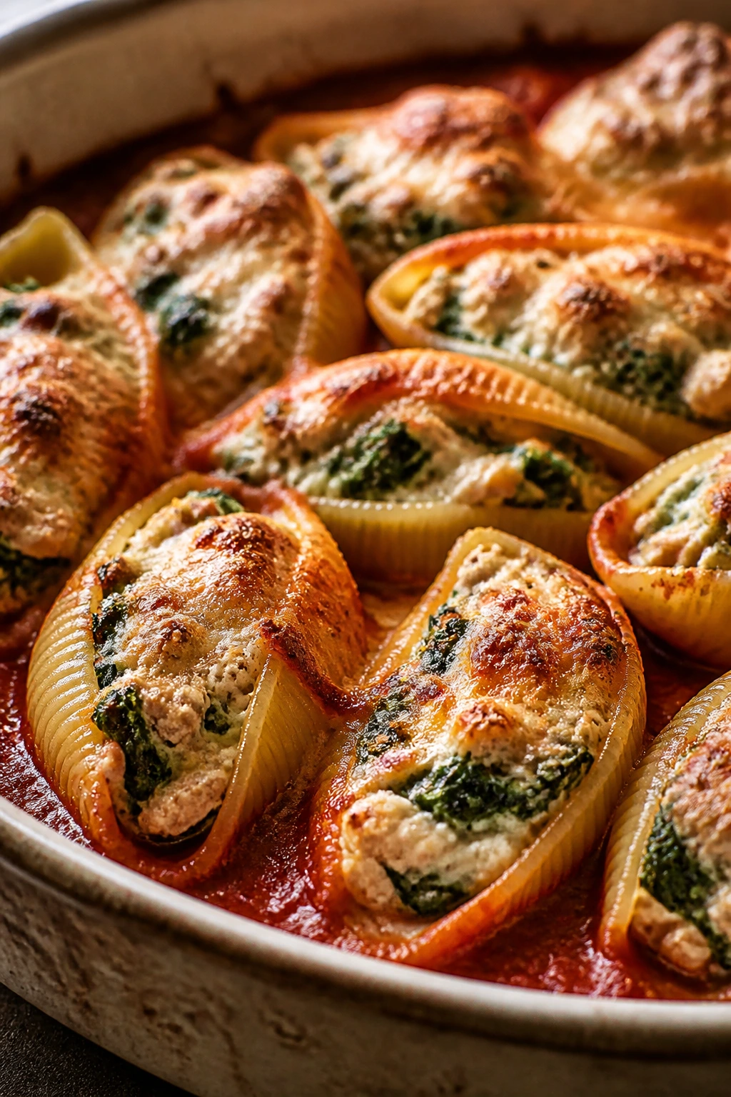 Close-up of spinach ricotta stuffed shells with turkey in marinara