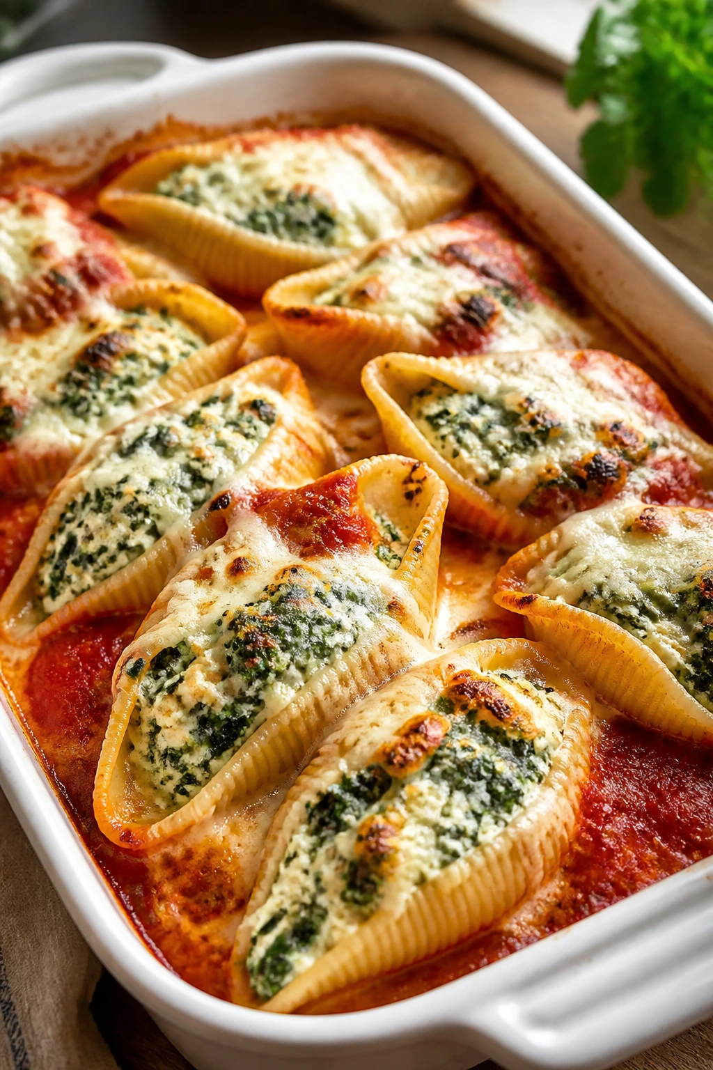 Close-up of spinach ricotta stuffed shells bubbling in marinara in a baking dish
