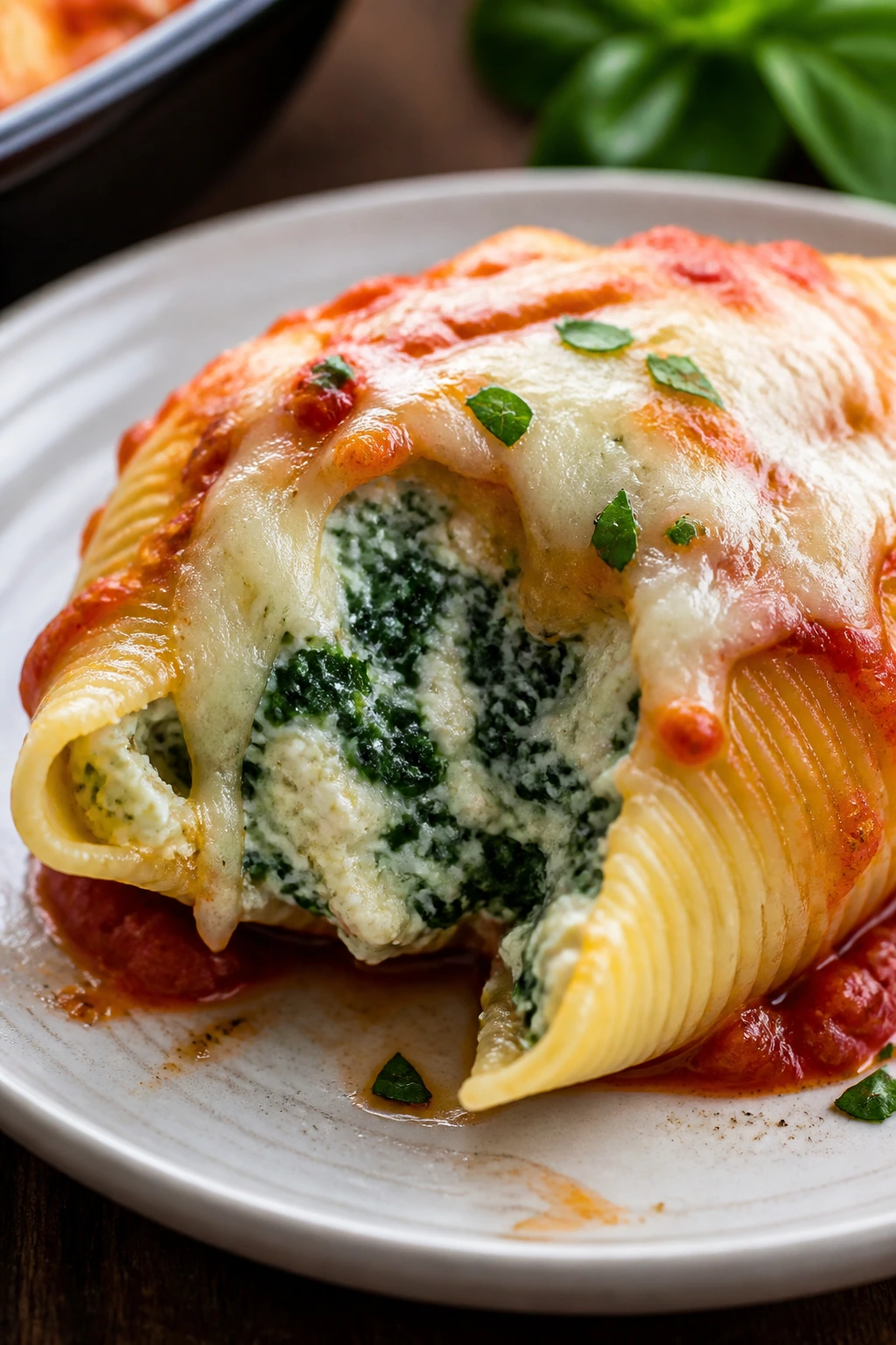 Stuffed pasta shell with spinach-ricotta filling and melted cheese on a plate.