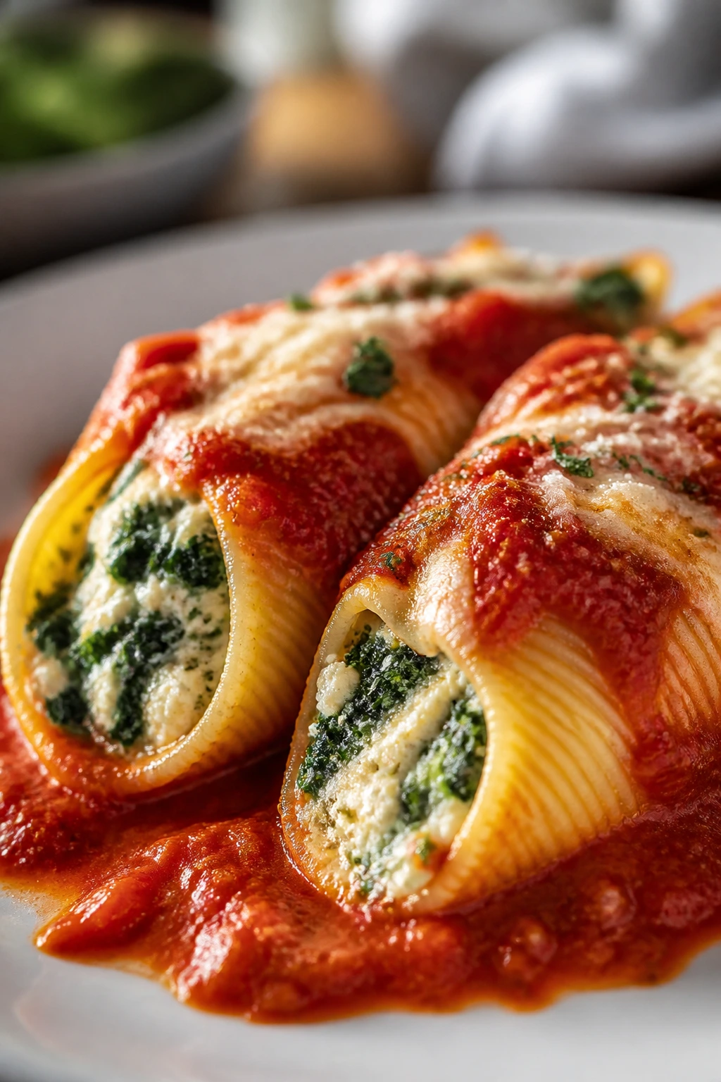 Spinach ricotta stuffed shells on a plate