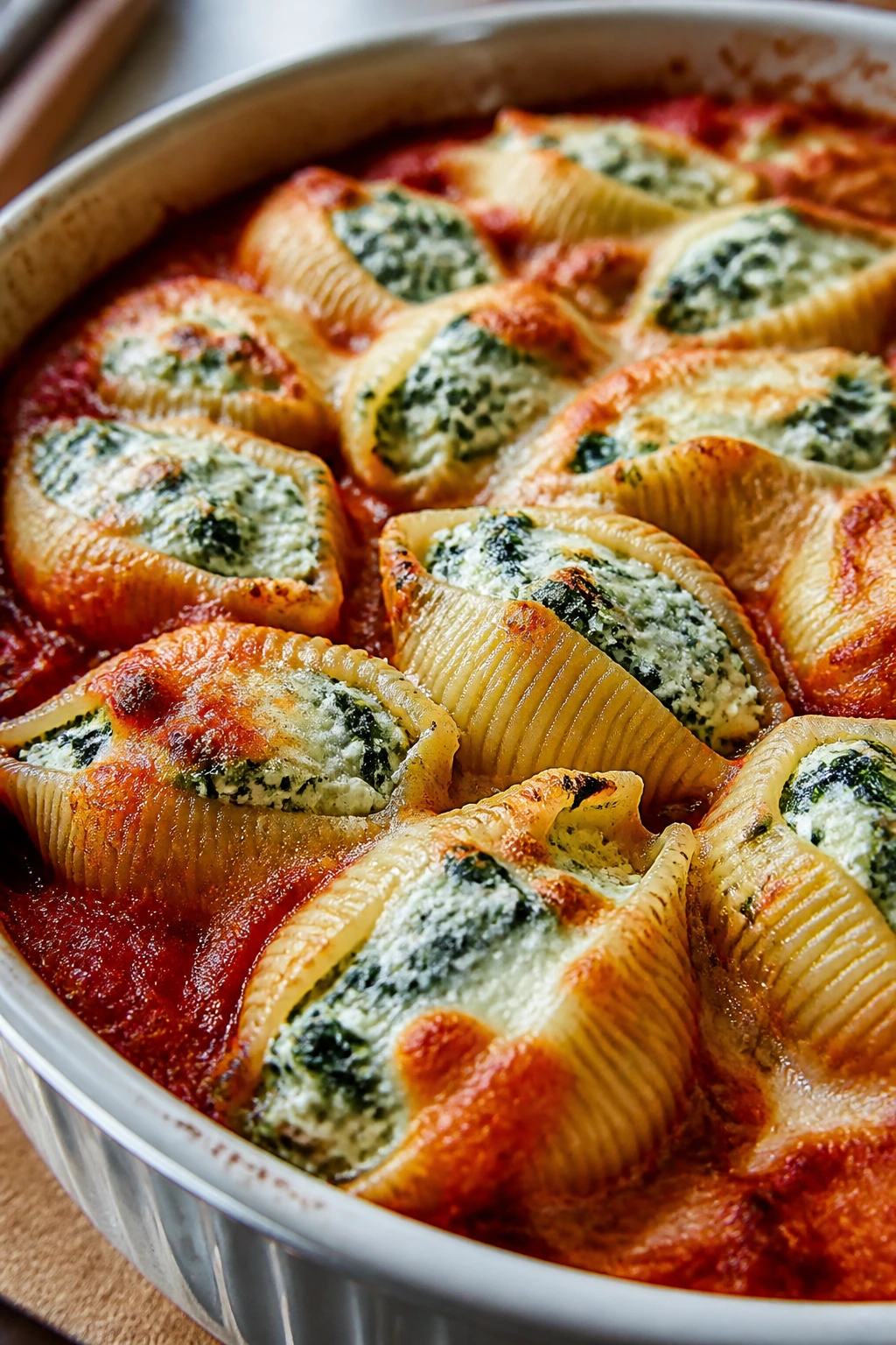 Close-up stuffed shells with spinach ricotta