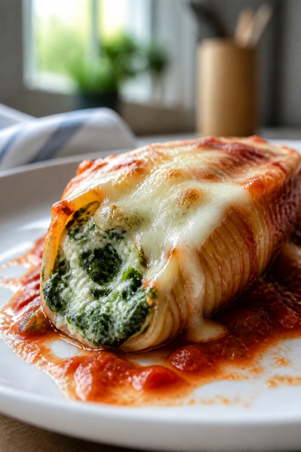 Close-up of a spinach-ricotta stuffed shell with mozzarella on a plate in a cozy kitchen