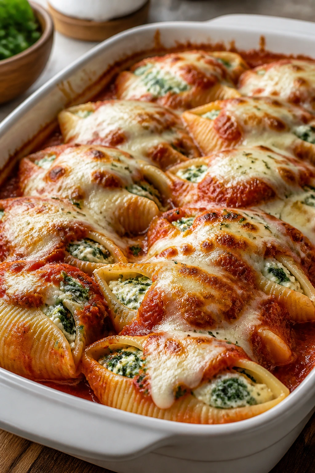 Baking dish with stuffed shells in marinara sauce