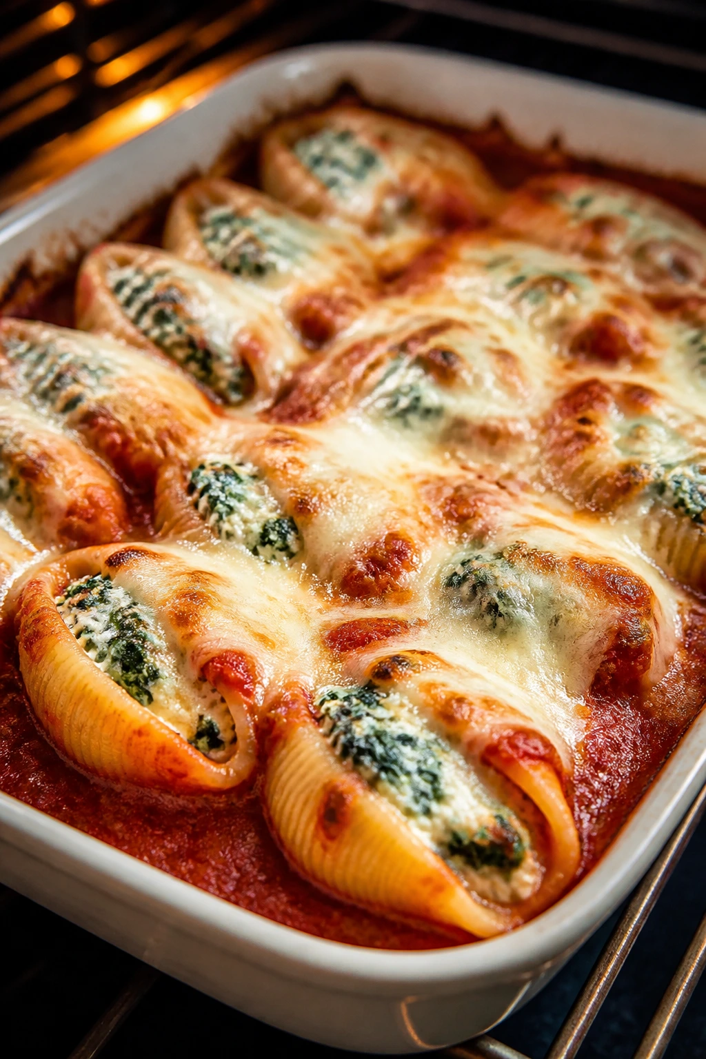 Shells stuffed with spinach and ricotta in a baking dish