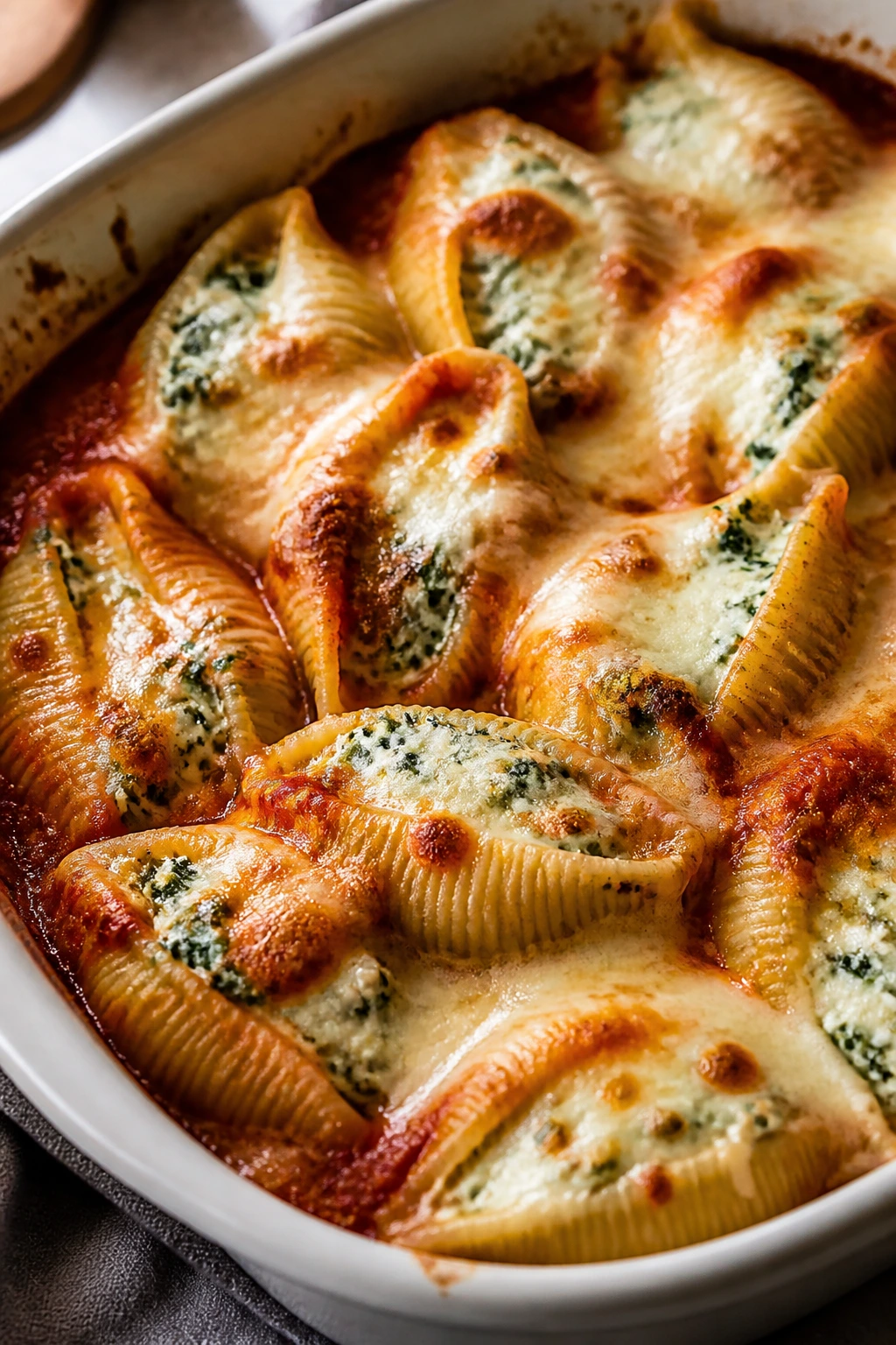 Spinach and ricotta stuffed shells in marinara with mozzarella