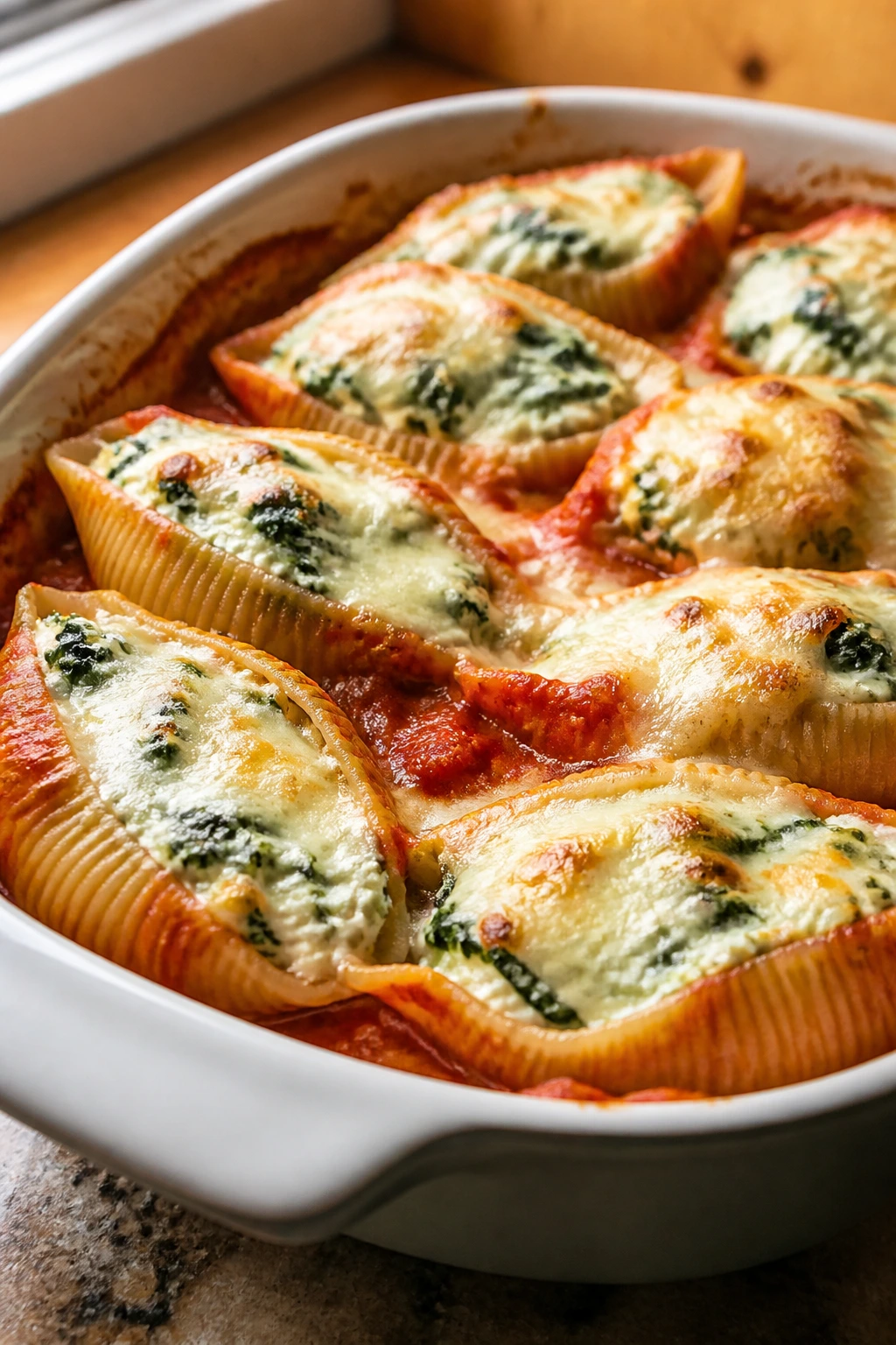 Close-up of spinach and ricotta stuffed shells in marinara sauce