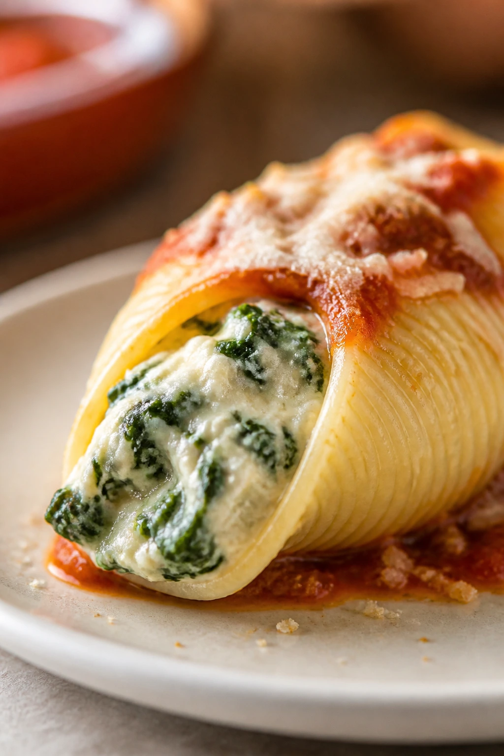 Close-up of a Spinach Ricotta Stuffed Shell on a plate.
