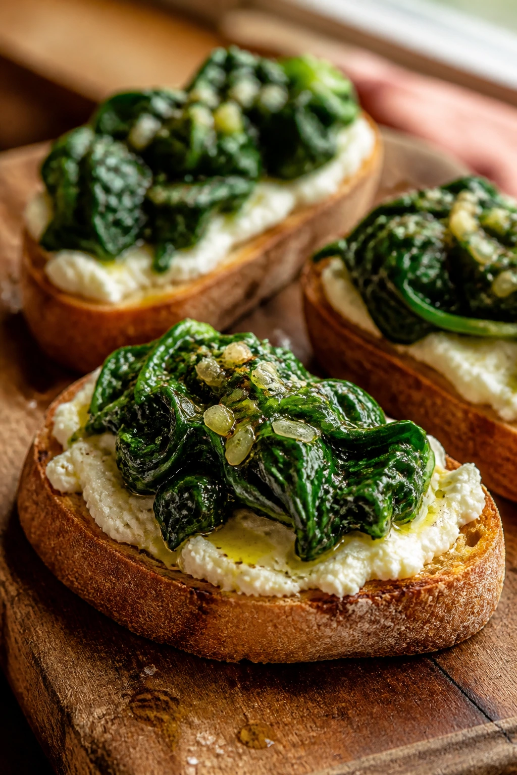 Toasted bread with ricotta and spinach topping on a wooden board