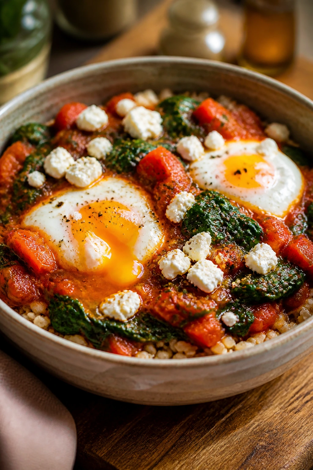 Close-up Spinach Shakshuka Grain Bowl with eggs and feta over grains