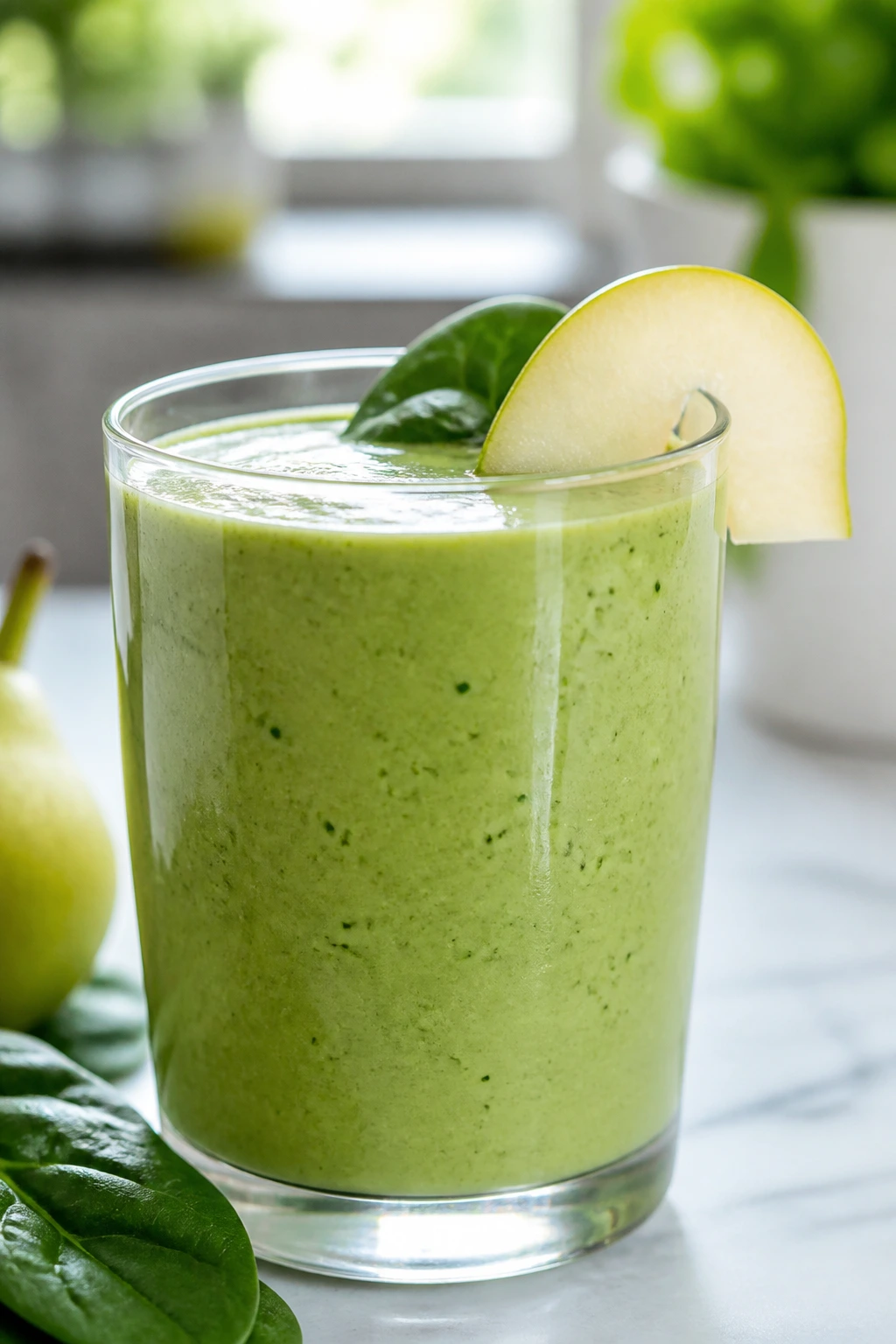 Close-up of a spinach pear smoothie in a glass with pale green color
