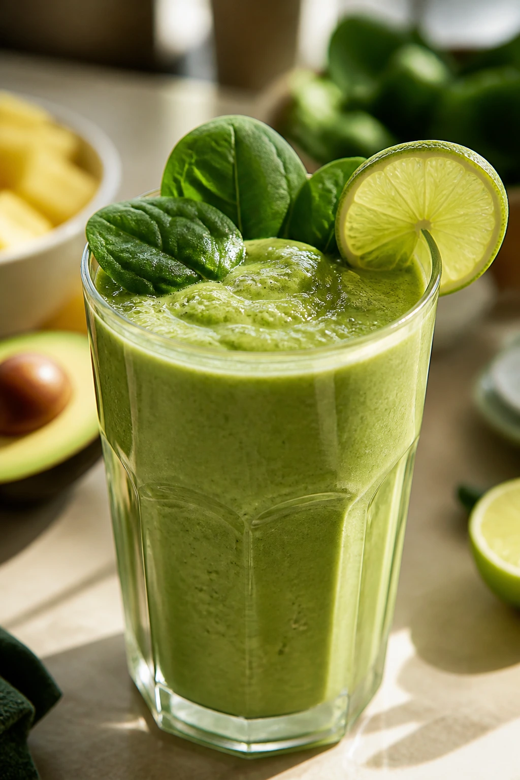 Green smoothie with spinach garnish and lime wheel in a glass on a bright kitchen counter