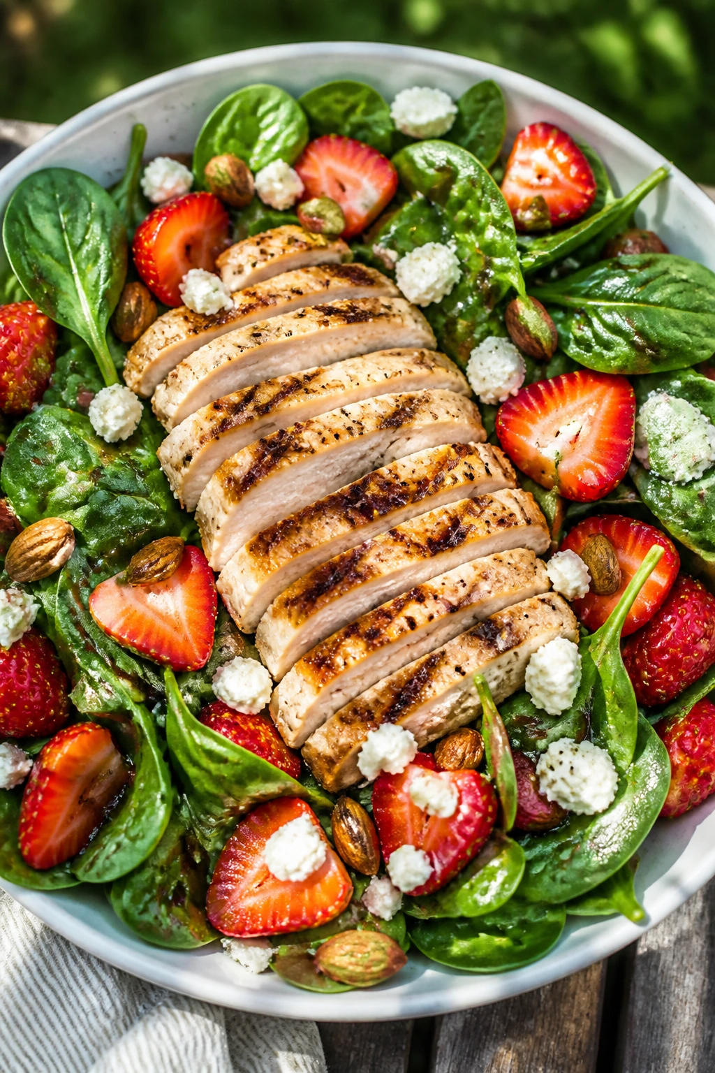 Top-down view of spinach strawberry salad with grilled chicken