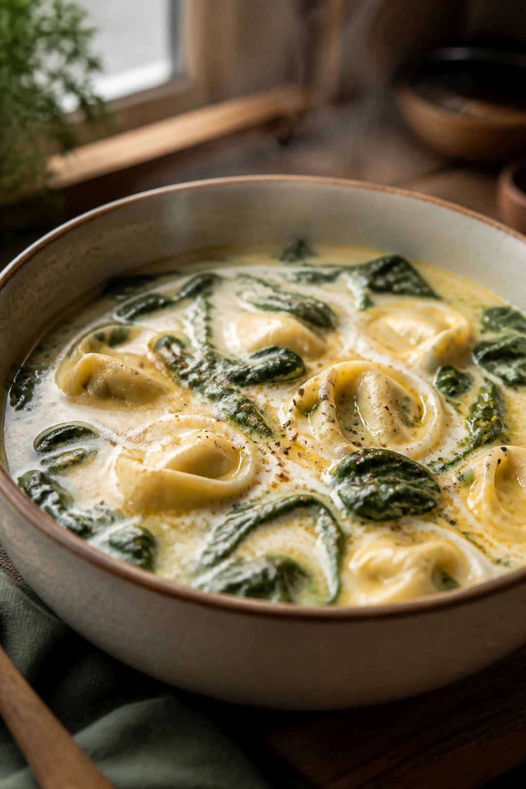 Close-up of Spinach Tortellini Soup with Nutmeg Cream in a cozy kitchen