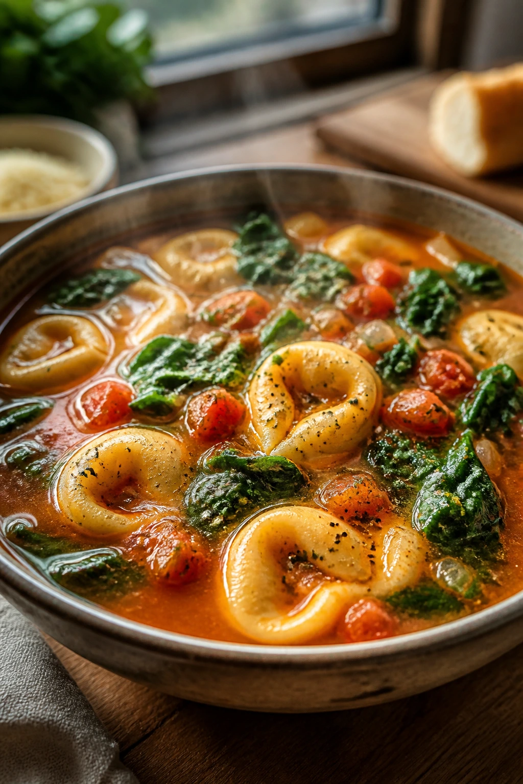 Close-up of spinach tortellini soup in a steaming bowl with tomato broth