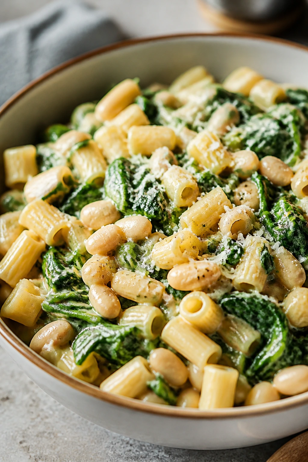 Pasta with spinach and white beans in a bowl