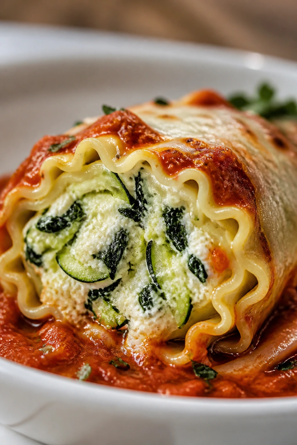 Close-up of a spinach-zucchini lasagna roll-up with ricotta filling