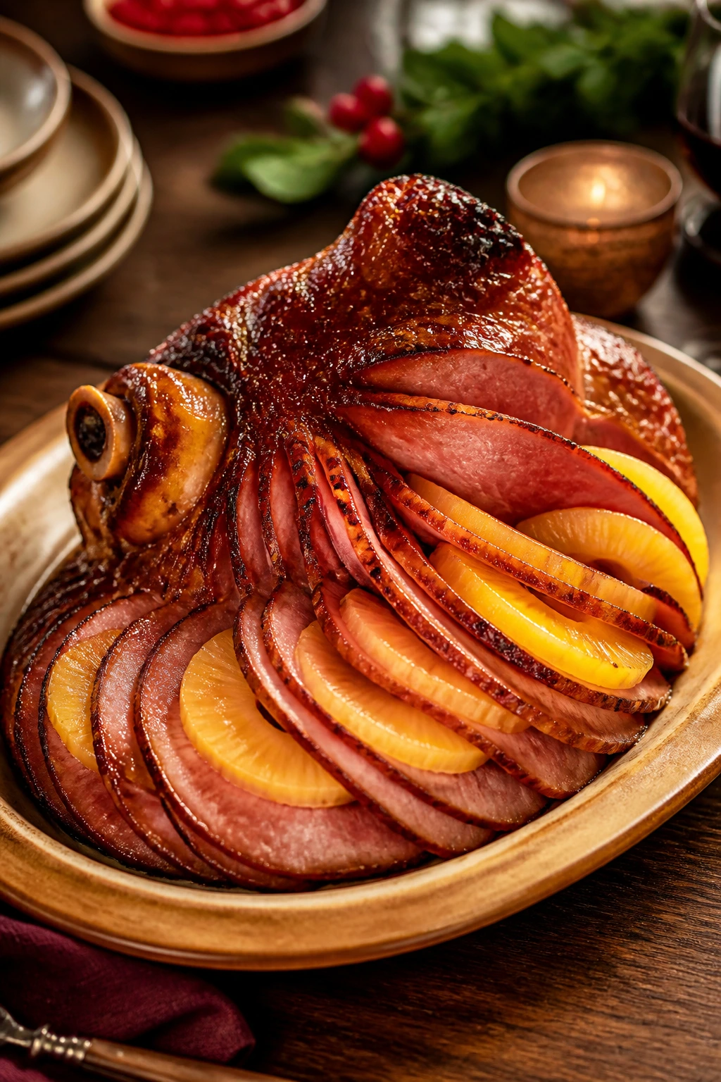 Spiral ham plated on warm platter with pineapple garnish