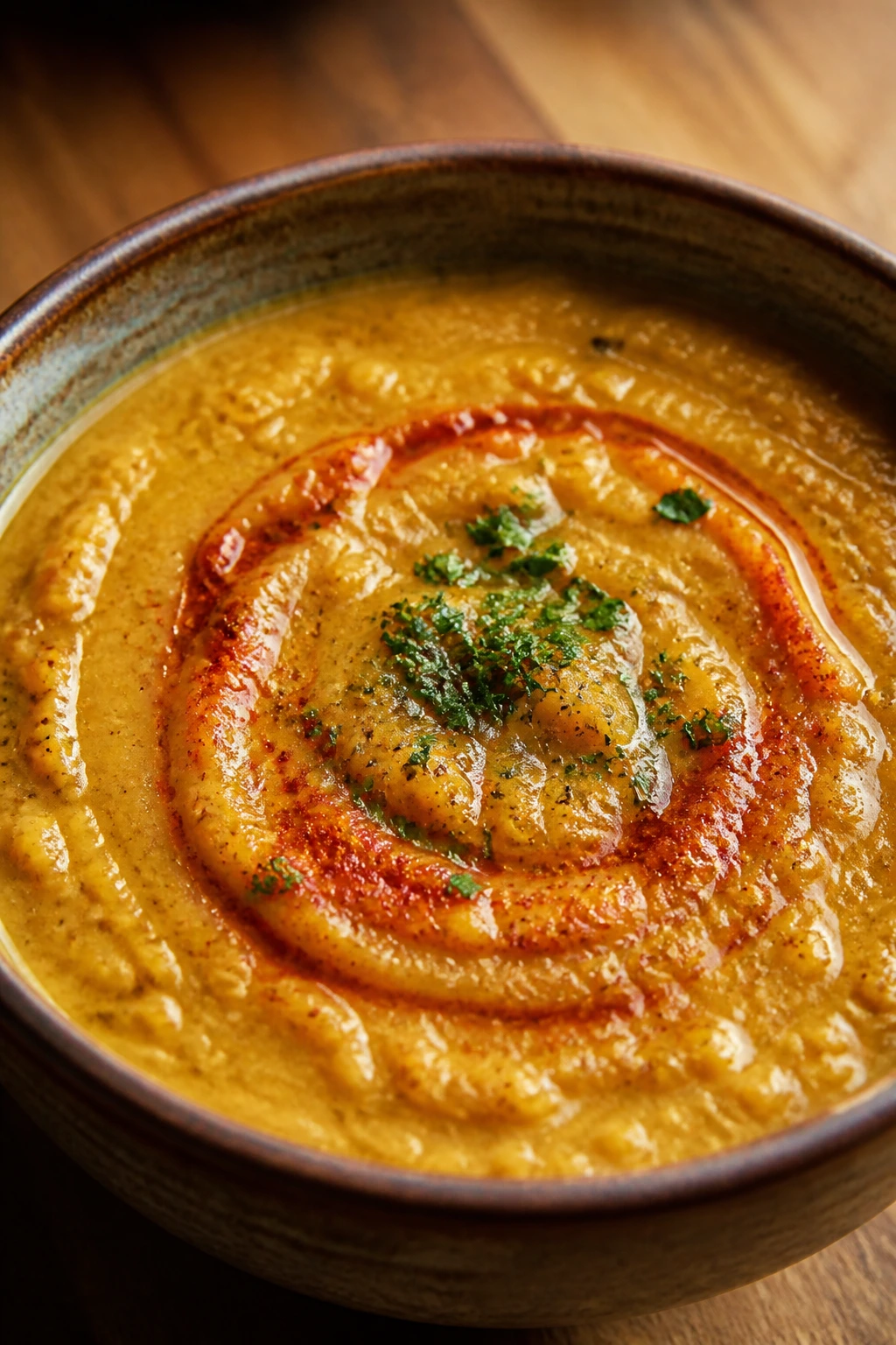 Close-up of split chickpea soup with smoked paprika in a deep bowl, velvety texture.