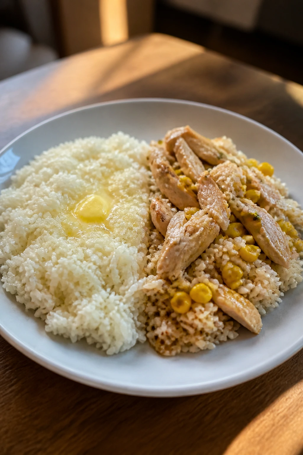 Plate split into two rice sections: plain and chicken-corn topping.