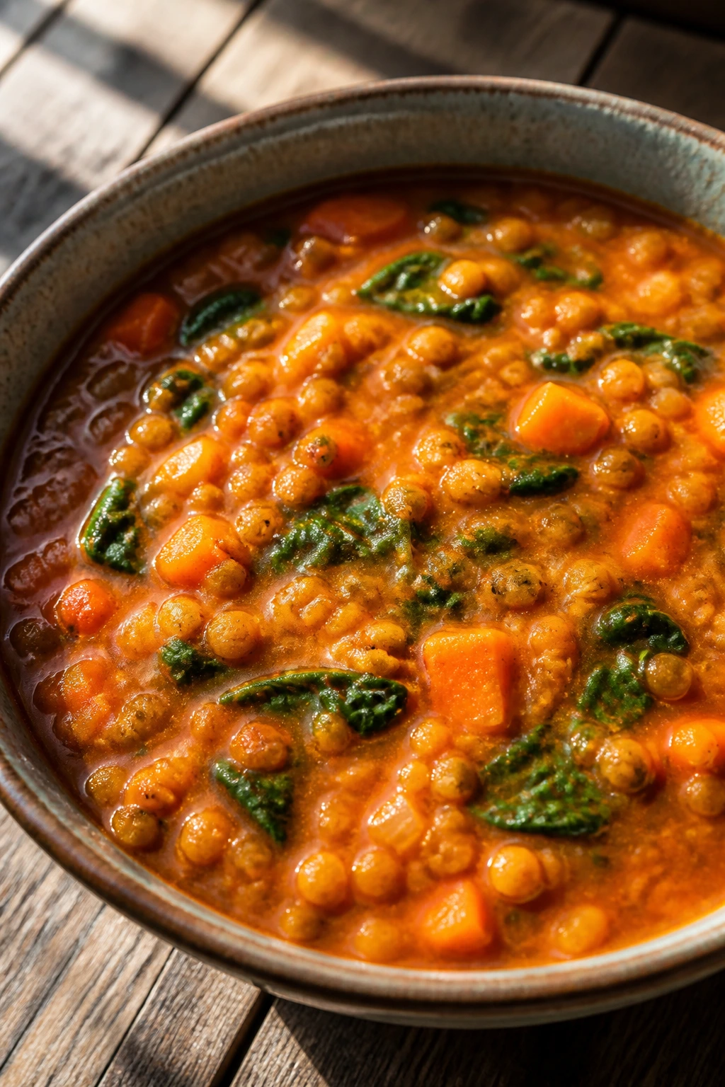 Split lentil soup with spinach in a rustic bowl