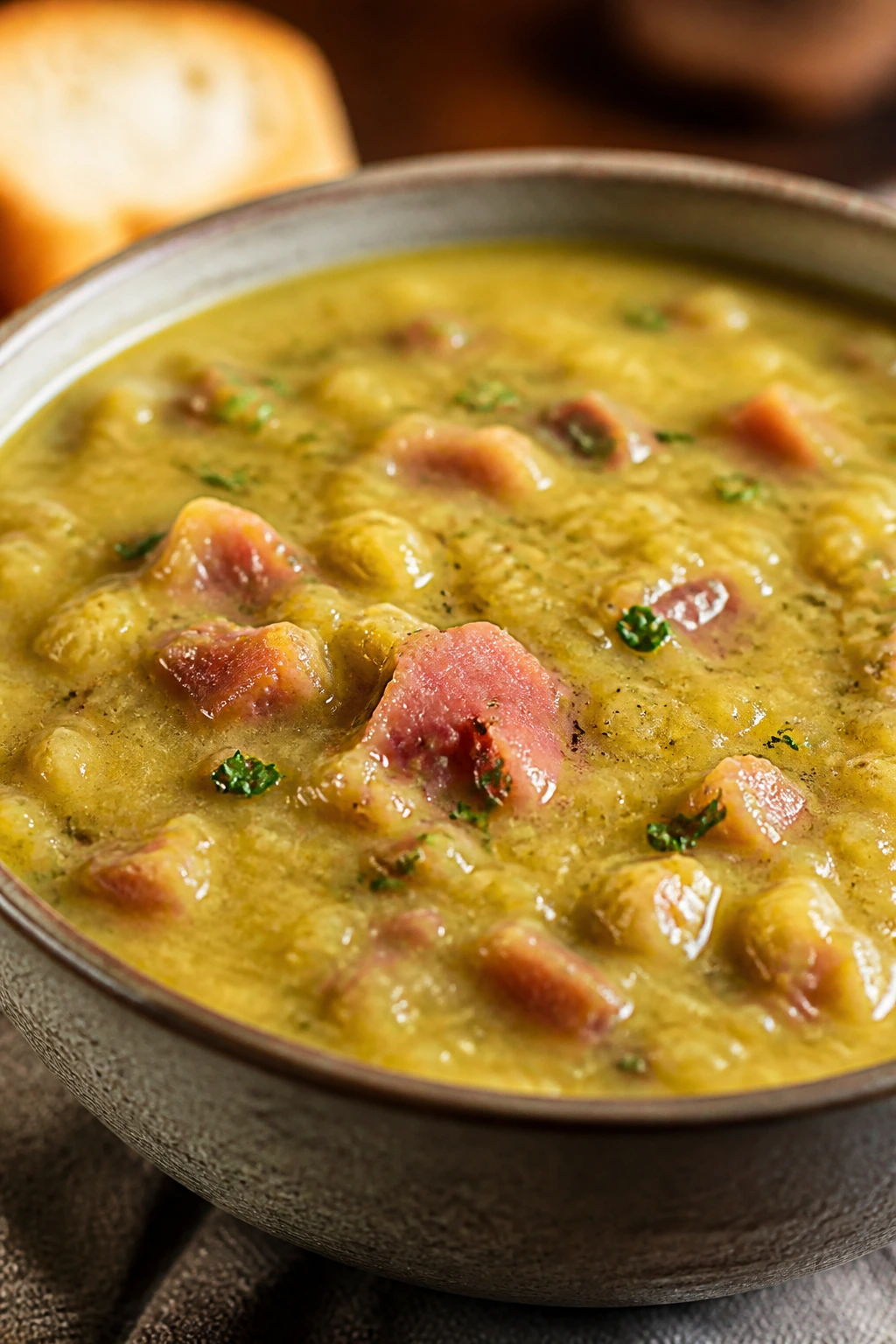 Thick split pea and ham soup in a bowl
