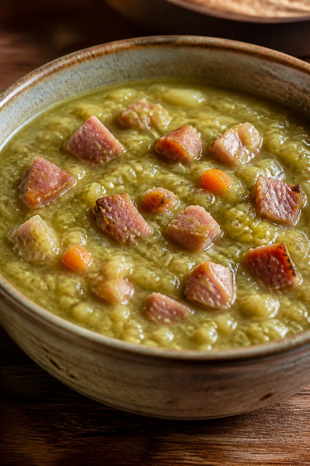 Thick split pea soup with ham chunks in a ceramic bowl