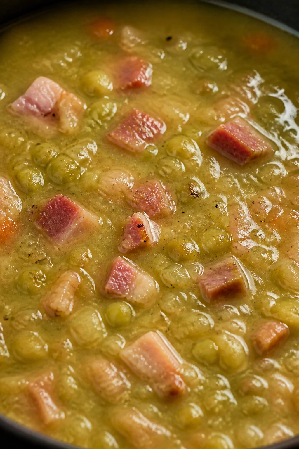 Close-up of split pea soup with ham in a bowl