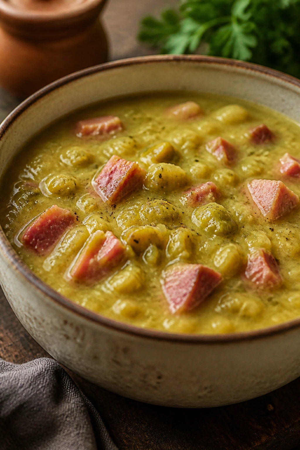 Thick green split pea soup with ham in a rustic bowl.