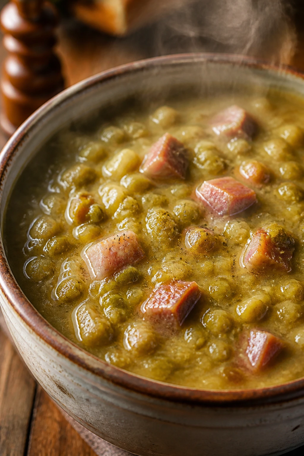 Close-up of Split Pea Soup with Ham in a rustic bowl with steam