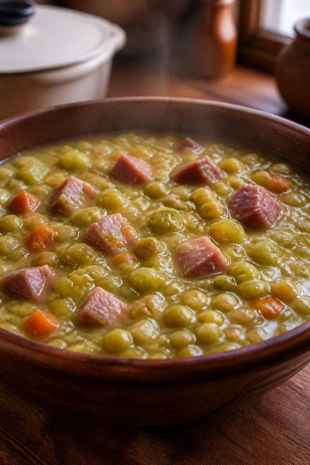 Close-up of split pea and ham stew in a rustic bowl